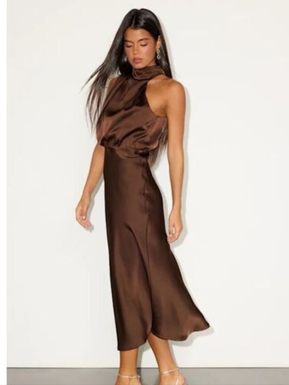 Cherley Chocolate Satin Asymmetrical High-Neck Midi Dress - Picture 9 of 9